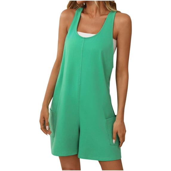LEAVINGSUO Jumpsuit Shorts for Women Plus Size Women Fashion Solid Color Leisure Backless Pocket Jumpsuit Shorts Green M