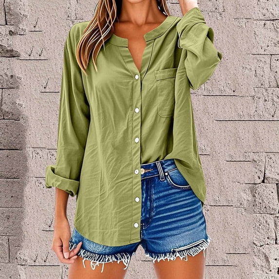 GaThRRgYP Lightweight Sweatshirts for Women,Women's V-Neck Long Sleeve Loose Button and Linen Tunic Summer Blouse with Pocket Army Green XXL