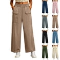 thumbnail image 1 of LEAVINGSUO Linen Pants Women Wide Leg Relaxed Casual Pants Elastic High Waist Trousers With Pocket Button Detail For Everyday Outdoor Vacation Wear Khaki XXL, 1 of 6