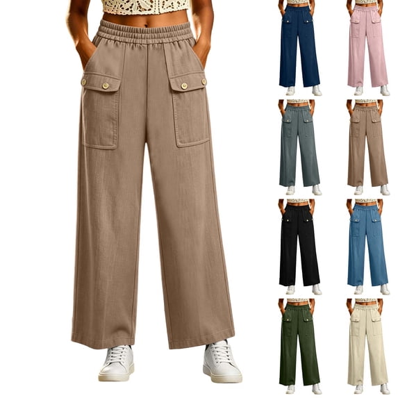 LEAVINGSUO Linen Pants Women Wide Leg Relaxed Casual Pants Elastic High Waist Trousers With Pocket Button Detail For Everyday Outdoor Vacation Wear Khaki XXL