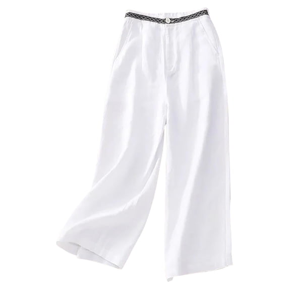 LEAVINGSUO Linen Pants for Women Plus Size Elastic Waist Ladies' Solid Color Loose Casual Straight Leg Wide Leg Pants White M