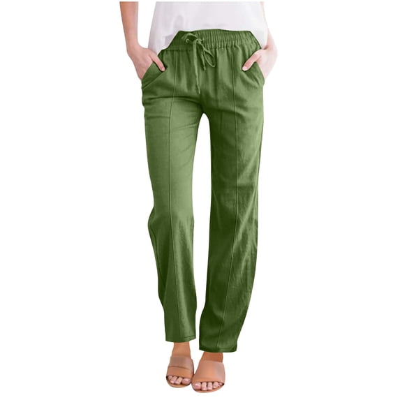 LEAVINGSUO Linen Pants for Women Plus Size Elastic Waist Women'S Spring Solid Color Lace-Up With And Linen All Straight Leg Casual Pants Green L