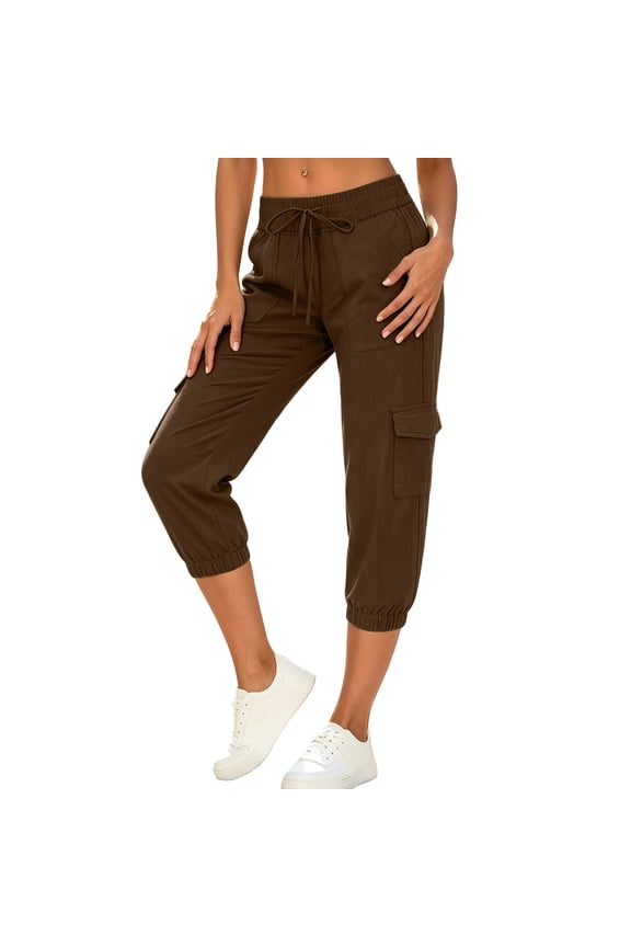 Linen Pants for Women Plus Size Ladies' Casual Lace Up Elastic Waist Workwear Style Loose Mountaineering Cropped Pants Brown XL