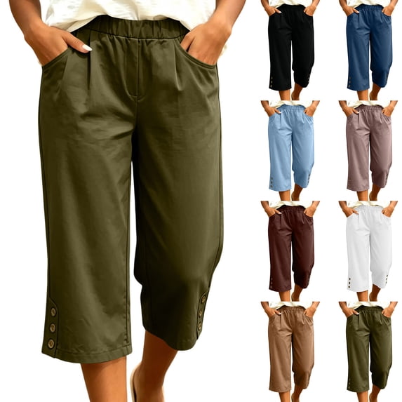 LEAVINGSUO Linen Pants for Women Solid Color Casual Cropped Pants With Pockets And Elastic Waist Blue XXL