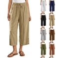 thumbnail image 1 of LEAVINGSUO Linen Pants for Women Solid Color Casual Decorative Button Drawstring Capri Trousers Brown XXL, 1 of 8