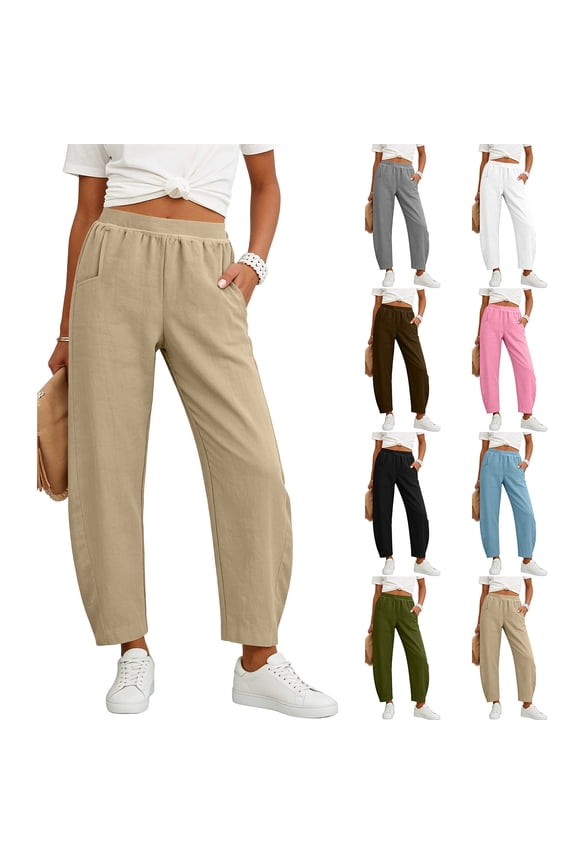 Linen Wide Leg Pants for Women Solid Color Elastic Waist Casual Pocket Pants Curved Knife-Shaped Design Khaki S