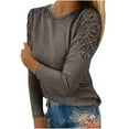 thumbnail image 1 of LEAVINGSUO Long Sleeve Shirts for Women, Fall Womens Tops Fashion Women Casual Round-Neck Lace Hollow Out Long Sleeve Pullover Slimming Blouse T-Shirt Tops Brown M, 1 of 5