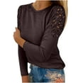 thumbnail image 1 of LEAVINGSUO Long Sleeve Shirts for Women, Fall Womens Tops Fashion Women Casual Round-Neck Lace Hollow Out Long Sleeve Pullover Slimming Blouse T-Shirt Tops Coffee L, 1 of 5