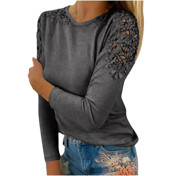 LEAVINGSUO Long Sleeve Shirts for Women, Fall Womens Tops Fashion Women Casual Round-Neck Lace Hollow Out Long Sleeve Pullover Slimming Blouse T-Shirt Tops Dark Gray M