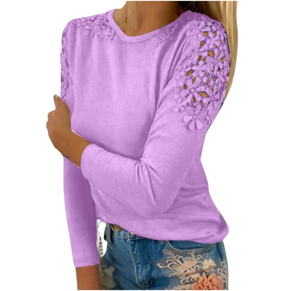 LEAVINGSUO Long Sleeve Shirts for Women, Fall Womens Tops Fashion Women Casual Round-Neck Lace Hollow Out Long Sleeve Pullover Slimming Blouse T-Shirt Tops Purple M