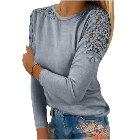 LEAVINGSUO Long Sleeve Shirts for Women, Fall Womens Tops Fashion Women Casual Round-Neck Lace Hollow Out Long Sleeve Pullover Slimming Blouse T-Shirt Tops Gray XL