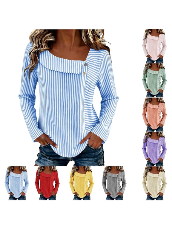 Long Sleeve Shirts for Women Casual Fashion Loose Stripe Vertical Stripes Multi-color V-Neck Top Yellow XXL