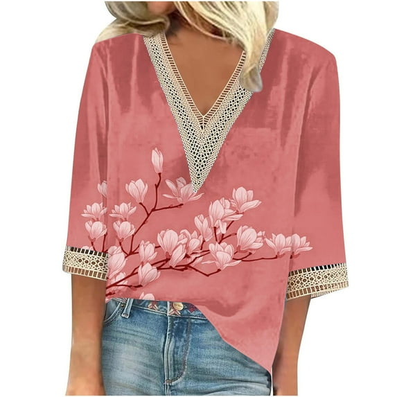 LEAVINGSUO Long Sleeve Shirts for Women, Fall Womens Tops Fashion Women's Summer V-Neck 3/4 Sleeve Print Casual T-Shirt Blouse