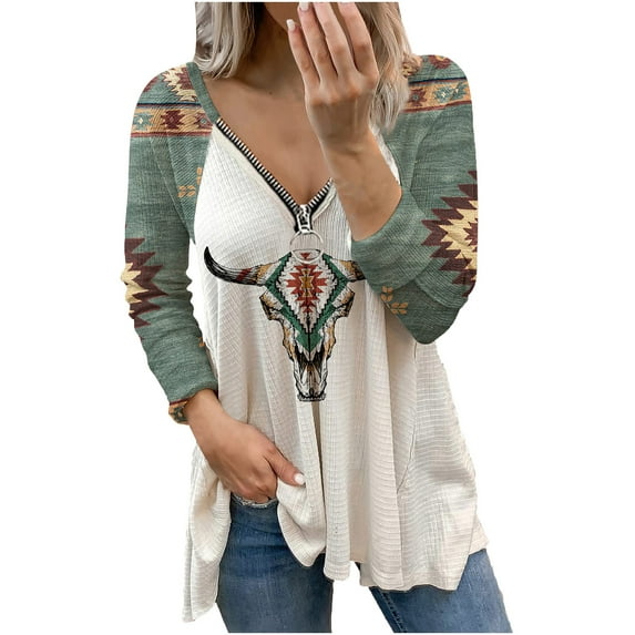 LEAVINGSUO Long Sleeve Shirts for Women, Fall Womens Tops Women Casual Retro Aztec Print Long Sleeve Ethnic V-Neck Zipper T-Shirts Tops