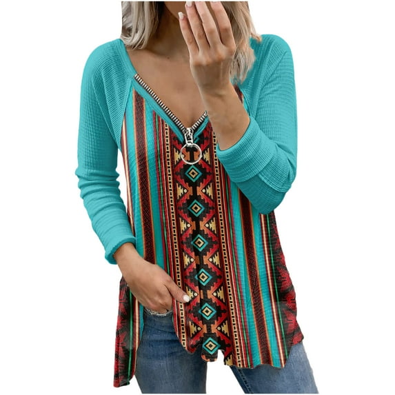 LEAVINGSUO Long Sleeve Shirts for Women, Fall Womens Tops Women Casual Retro Aztec Print Long Sleeve Ethnic V-Neck Zipper T-Shirts Tops