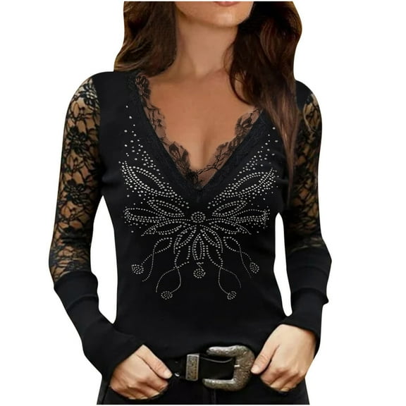 LEAVINGSUO Long Sleeve Shirts for Women, Fall Womens Tops Women Sexy Rhinestone V-Neck Lace Splice Mesh Long Sleeve Pullover Top Blouse T-Shirt