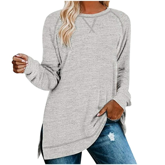 LEAVINGSUO Long Sleeve T-Shirt Women's Fashion Color Sweater Round Neck Long Sleeve Split