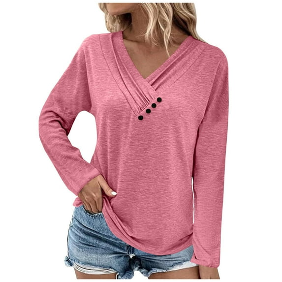 LEAVINGSUO Long Sleeve T-Shirt Women's Fashion Solid Loose T-Shirt Long Sleeves Blouse V-Neck Casual Tops