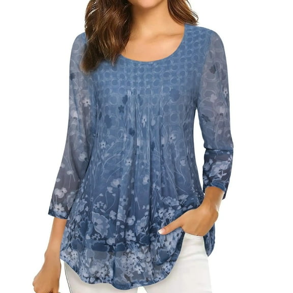 LEAVINGSUO Long Sleeve T-Shirt for Women Womens Tops,Women Casual Print Loose Three Quarter Sleeve Round-Neck Tops Blue L