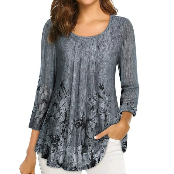 LEAVINGSUO Long Sleeve T-Shirt for Women Womens Tops,Women Casual Print Loose Three Quarter Sleeve Round-Neck Tops Gray L