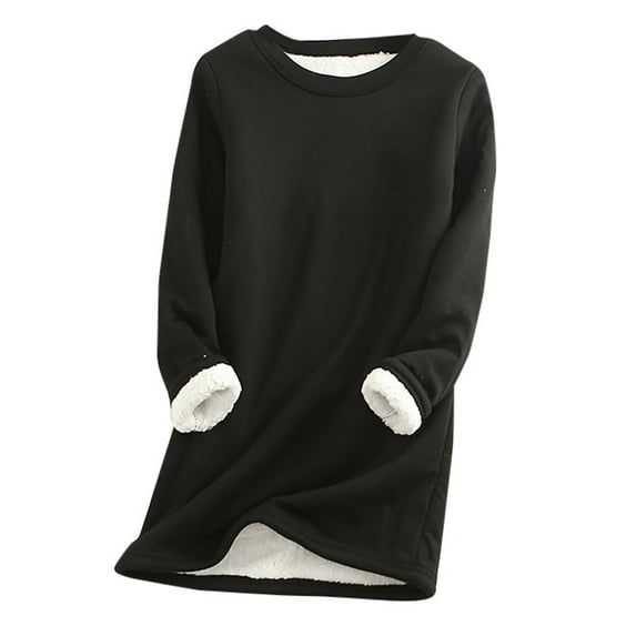 LEAVINGSUO Long Sleeve T-Shirt for Women Womens Tops,Women Thick Fleece Sweatshirt Winter Velvet Warm Underwear Top Black M
