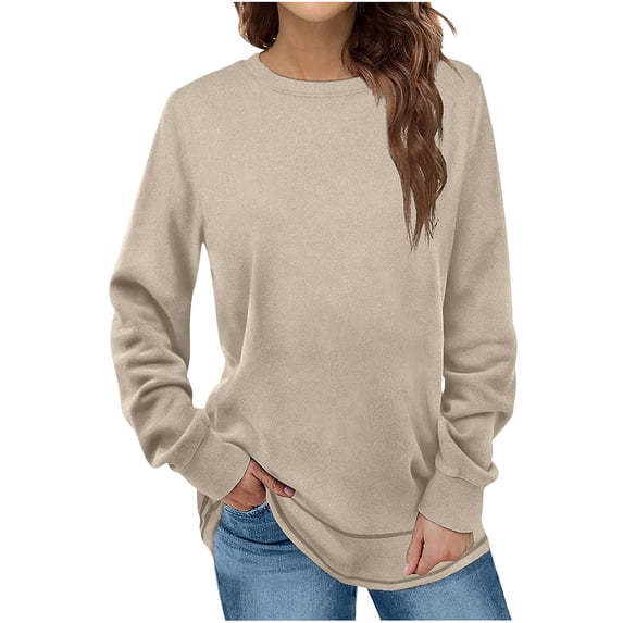 LEAVINGSUO Long Sleeve T-Shirt for Women Womens Tops,Women's Fashion Winter Solid Round-Neck Pullover Long Sleeve Tops Khaki S