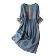 thumbnail image 1 of LEAVINGSUO Maxi Dresses for Women Omen's Summer and Retro Cotton and Linen Round Neck Waist Retraction Travel Holiday Dress Dark Blue XL, 1 of 4