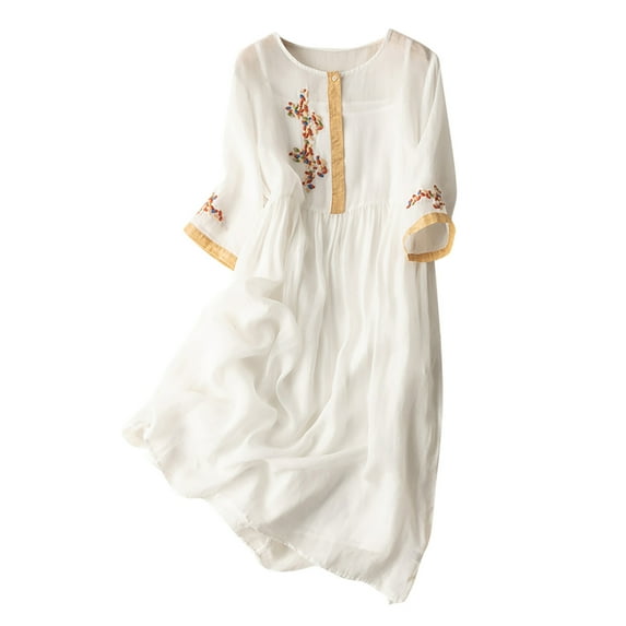 LEAVINGSUO Maxi Dresses for Women Omen's Summer and Retro Cotton and Linen Round Neck Waist Retraction Travel Holiday Dress White M