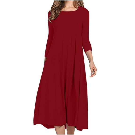 LEAVINGSUO Maxi Dresses for Women Women Fashion Comfortable Button V-Neck Solid Color Casual Dress Red XXL