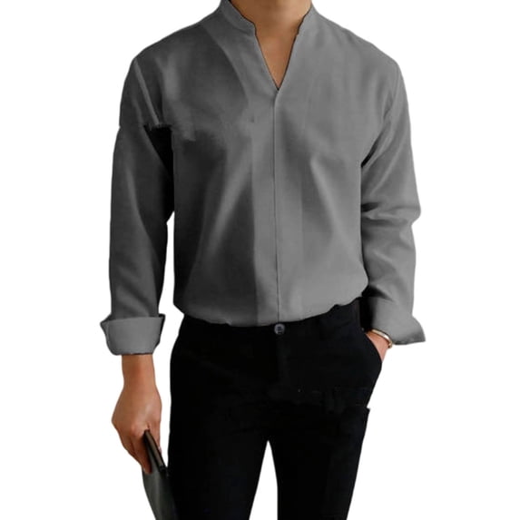 LEAVINGSUO Mens Dress Shirts Stand Collar Solid Color Casual Button Pocket Long Sleeve Shirt Gray S