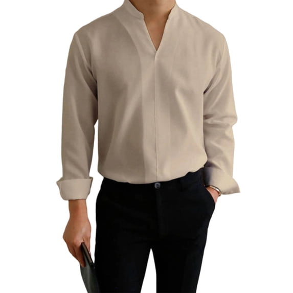 LEAVINGSUO Mens Dress Shirts Stand Collar Solid Color Casual Button Pocket Long Sleeve Shirt Khaki XL
