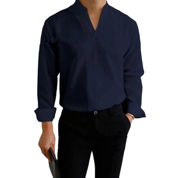 LEAVINGSUO Mens Dress Shirts Stand Collar Solid Color Casual Button Pocket Long Sleeve Shirt Navy XL