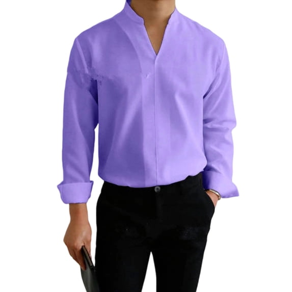 LEAVINGSUO Mens Dress Shirts Stand Collar Solid Color Casual Button Pocket Long Sleeve Shirt Purple S