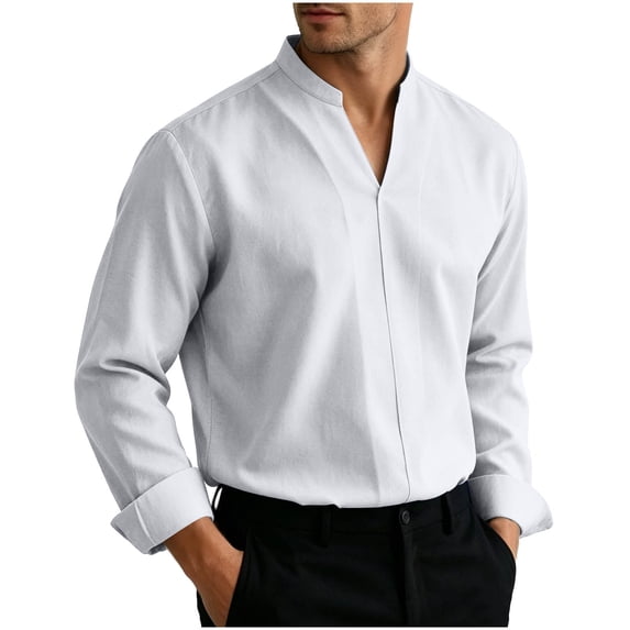 LEAVINGSUO Mens Dress Shirts Stand Collar Solid Color Casual Button Pocket Long Sleeve Shirt White XL