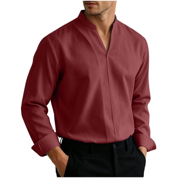 LEAVINGSUO Mens Dress Shirts Stand Collar Solid Color Casual Button Pocket Long Sleeve Shirt Wine L