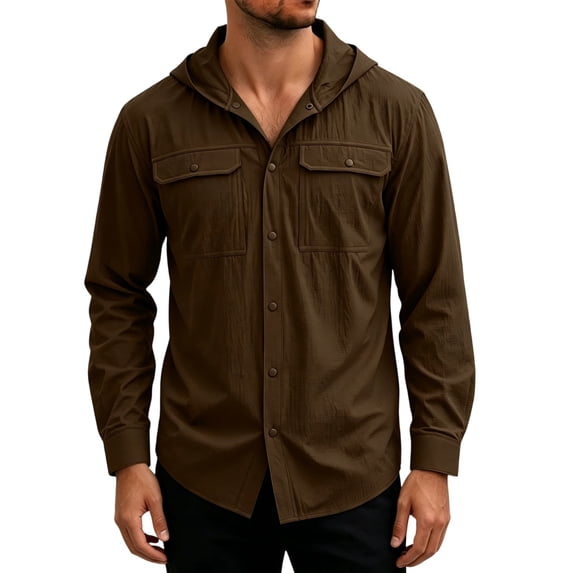 LEAVINGSUO Mens Dress Shirts Sun Protection Fast-drying Breathable Sports Long-sleeved Blouse With Pockets Top Brown XXL