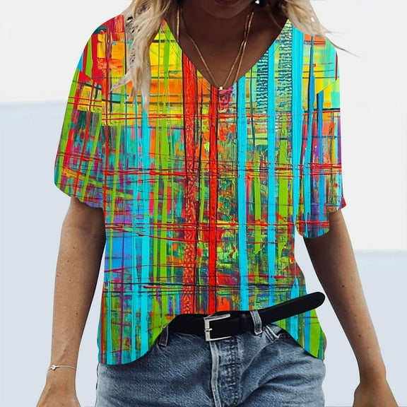 GaThRRgYP Modern V Neck Short Sleeve Tops for Women,Women's Loose Casual Short Sleeve V Neck T Shirts Printed Tshirts Blouses Multicolor XL
