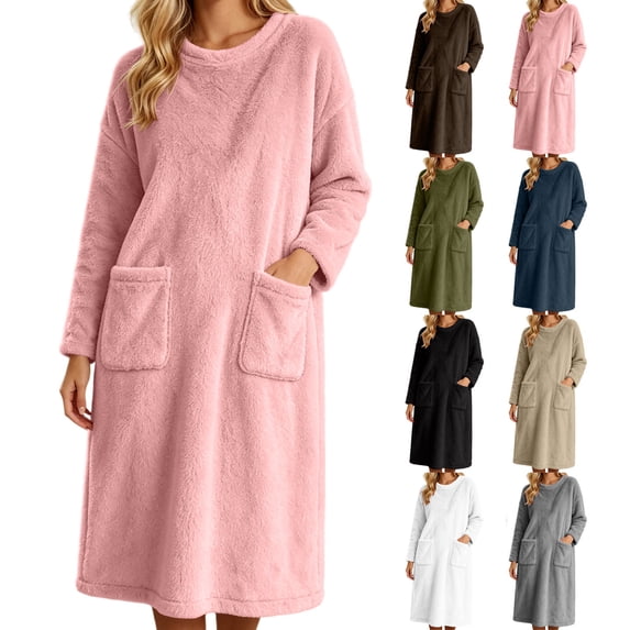 LEAVINGSUO Nightgowns for Women Plus Size Long Sleeve Pullover Winter Casual Nightgown long dress with plush fabric For Home Use Khaki M