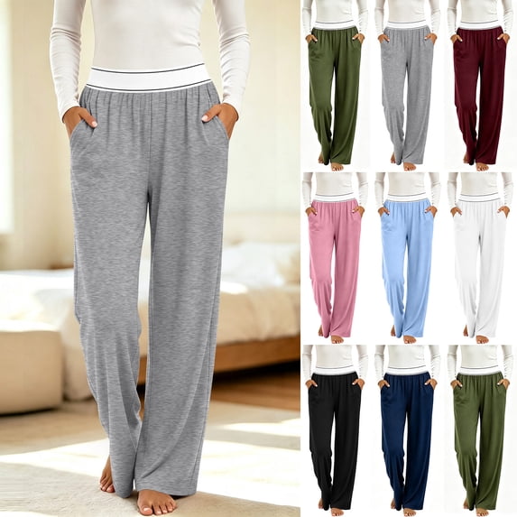 LEAVINGSUO Pajama Pants Women Plus Size Casual Elastic Waist Long Pants Pockets Comfortable Loungewear Trousers Light Blue S