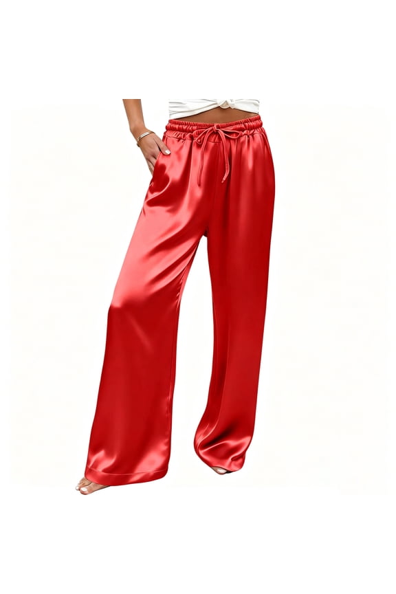 Pajama Pants for Women Plus Size Flowy Silk Feel Pajama Pants for Women High Waisted Satin Lounge Bottoms with Pockets & Drawstring Red M