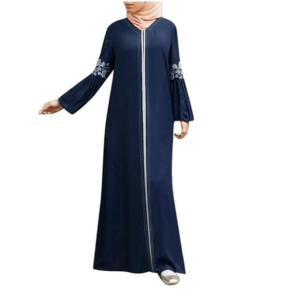 LEAVINGSUO Plus Size Dresses Women Muslim Long Dress Floral Printed Vintage Kaftan Islamic Maxi Dresses Dark Blue XXXXL