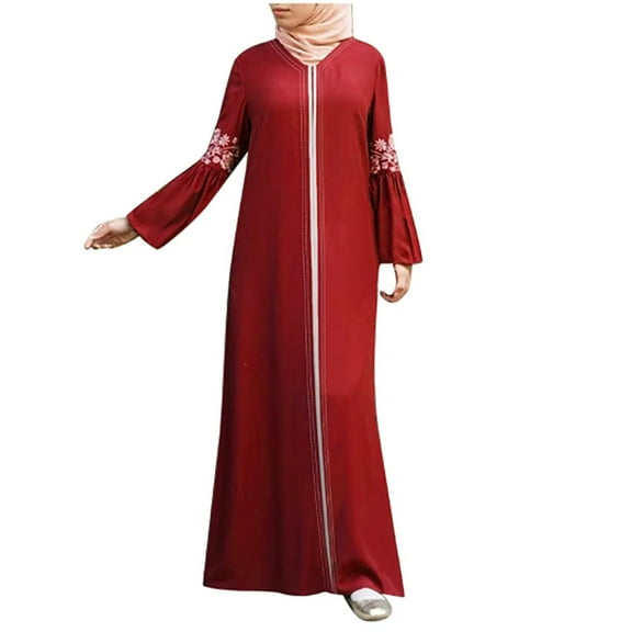 LEAVINGSUO Plus Size Dresses Women Muslim Long Dress Floral Printed Vintage Kaftan Islamic Maxi Dresses Red XXXL