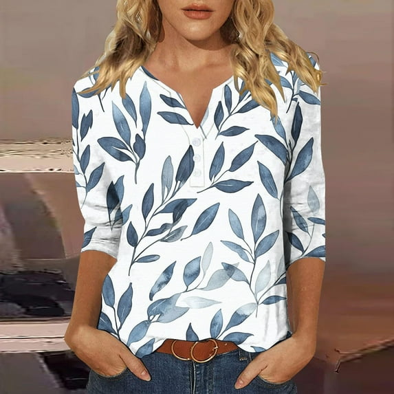 LEAVINGSUO Plus Size Oversized Sweatshirt for Women,Women's Fashion Casual Printed 3/4 Sleeve V-Neck Button Light Blue XL