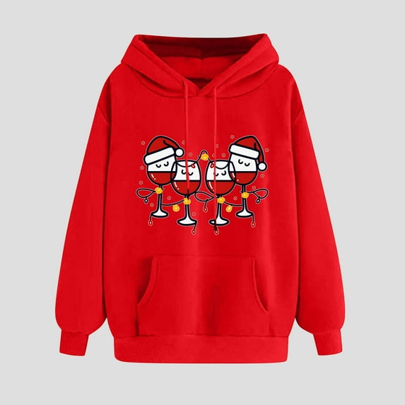 LEAVINGSUO Plus Size Tops,Women's Printed Off Shoulder Sleeves Long Sleeved Top Hooded Sweatshirt Red M