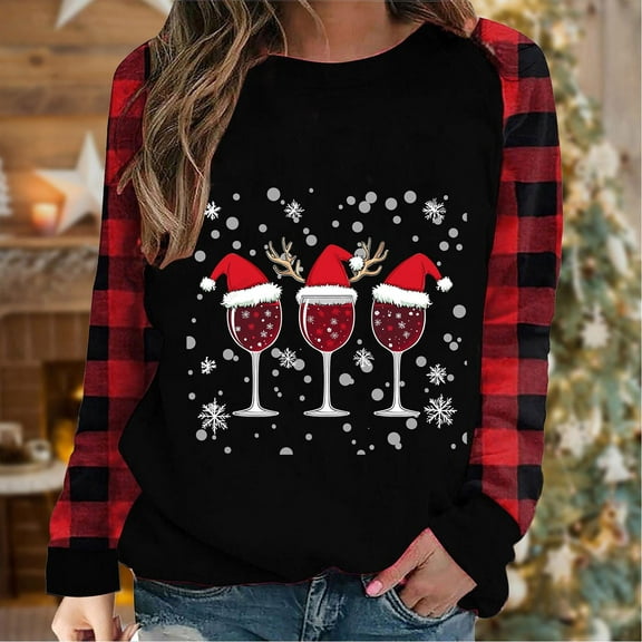 LEAVINGSUO Plus Size Tops Long Sleeve,Women's Winter Printed Loose T-shirt Long Sleeves Blouse Round Neck Casual Black S