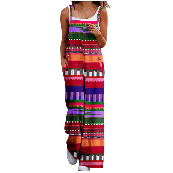 LEAVINGSUO Print Jumpsuits for Women Plus Size Women Fashion Casual Loose Printed Pockets Sleeveless Back Strap Jumpsuit Brown XL