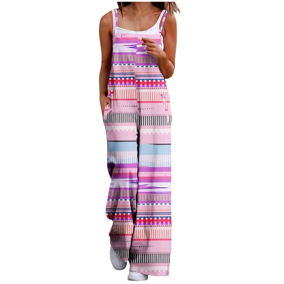 LEAVINGSUO Print Jumpsuits for Women Plus Size Women Fashion Casual Loose Printed Pockets Sleeveless Back Strap Jumpsuit Pink XXL