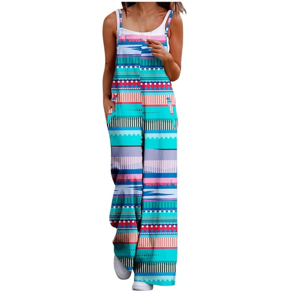 LEAVINGSUO Print Jumpsuits for Women Plus Size Women Fashion Casual Loose Printed Pockets Sleeveless Back Strap Jumpsuit Sky Blue XXL
