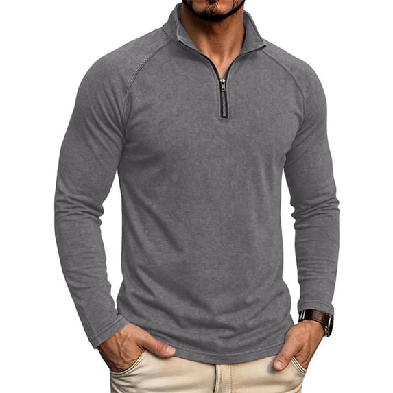 LEAVINGSUO Pullover Shirts for Men Fall Winter Washed Long-sleeved Stand-up Collar Shirt Dark Gray XL