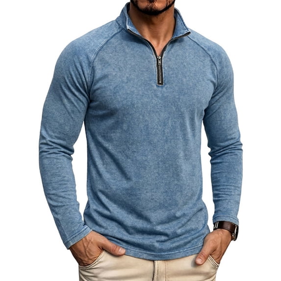 LEAVINGSUO Pullover Shirts for Men Fall Winter Washed Long-sleeved Stand-up Collar Shirt Navy S